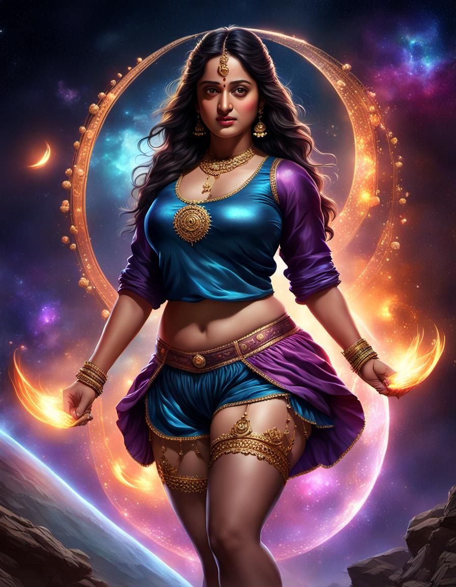 Cosmic Fantasy: Curvy Figure in Indian Satin Bloomers