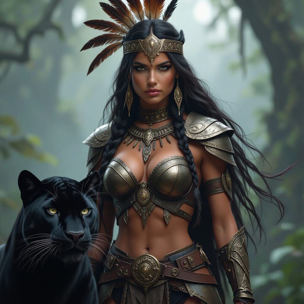 Amazon Warrior with Panther in Misty Forest
