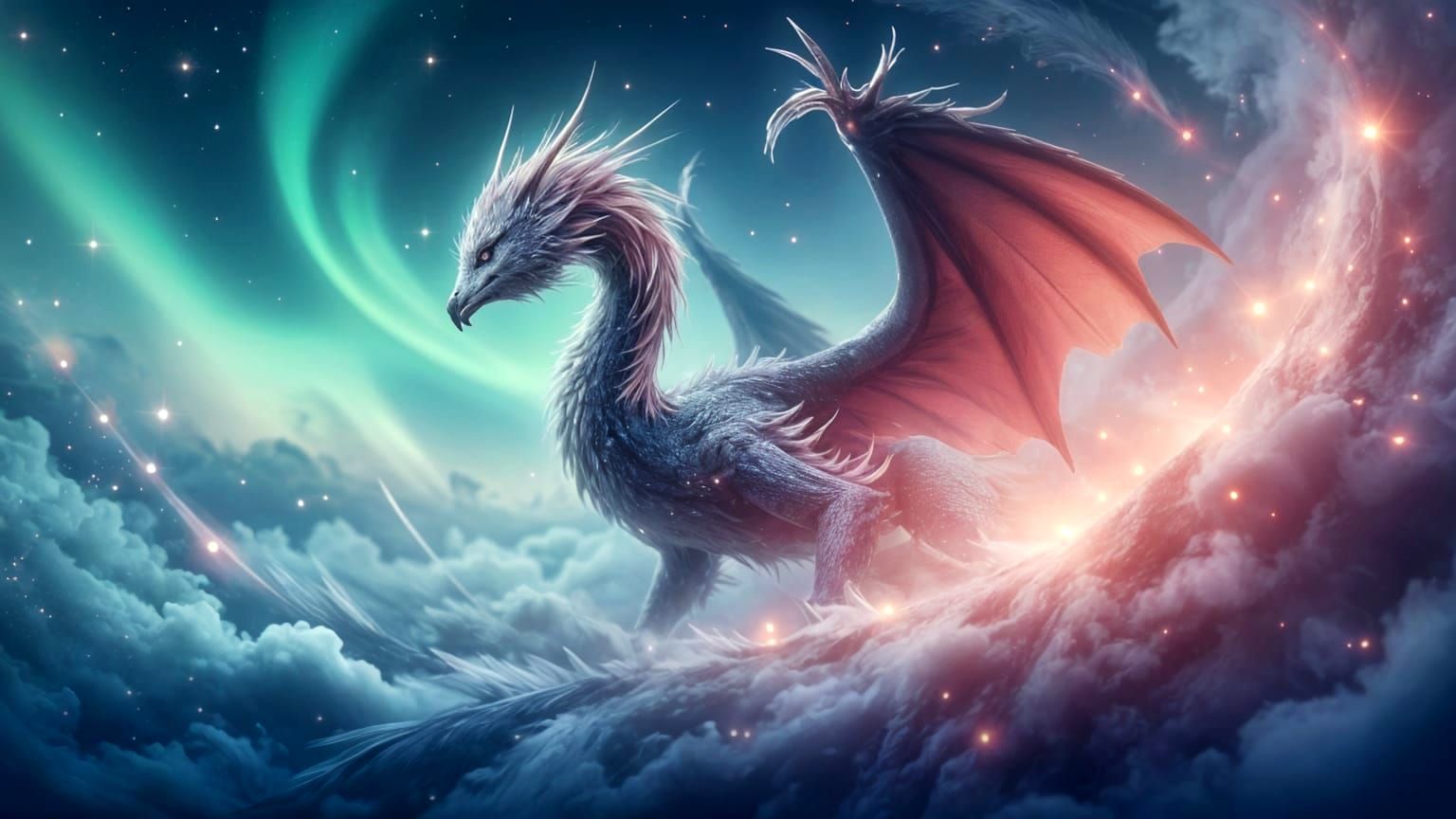 Aurora Dragon Flying Through Misty Clouds