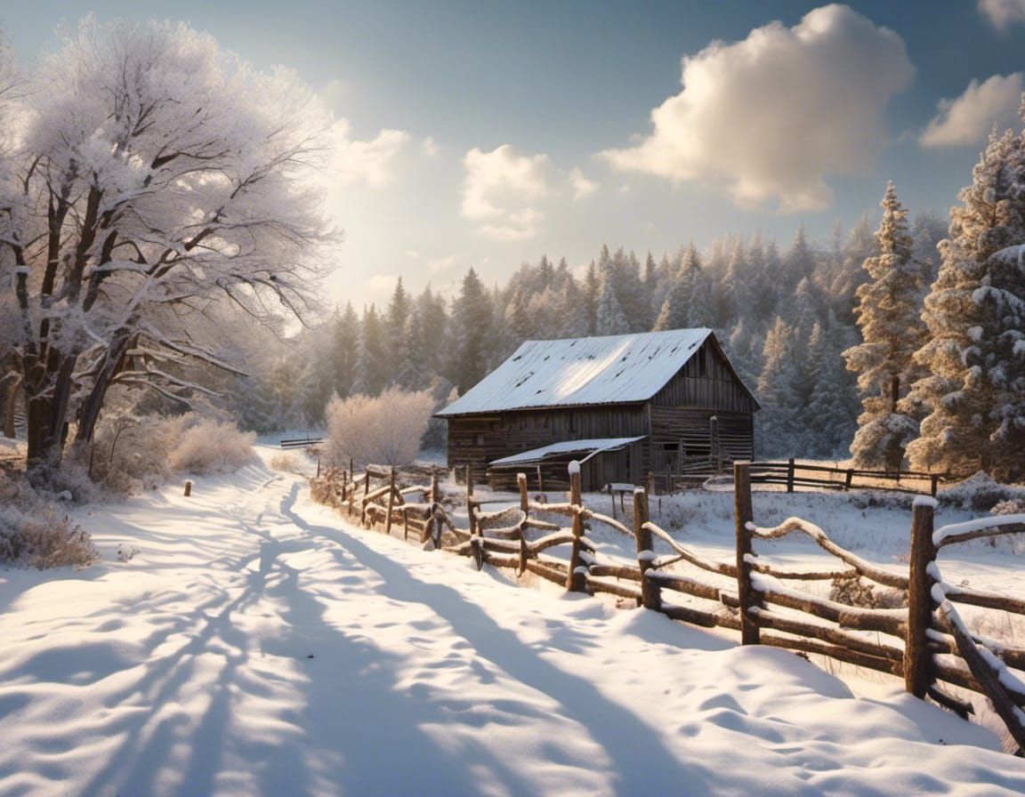 Abandoned Winter Farm in Hyperrealistic Style