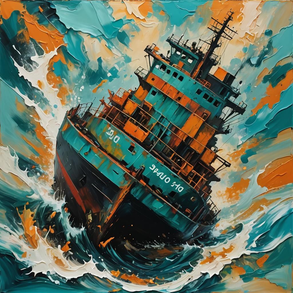 Sinking Cargo Ship in Polluted Ocean, Abstract Expressionism