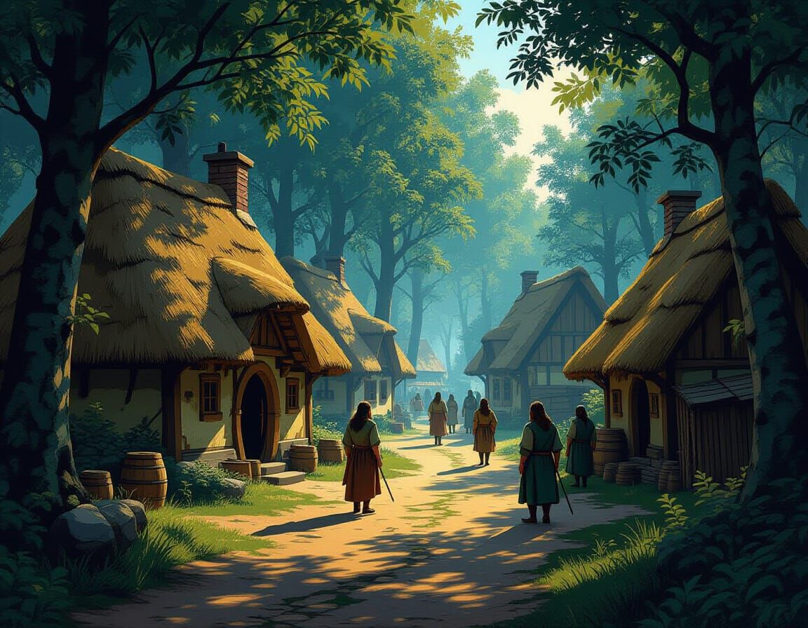 Celtic Village in Forest with Long Shadows