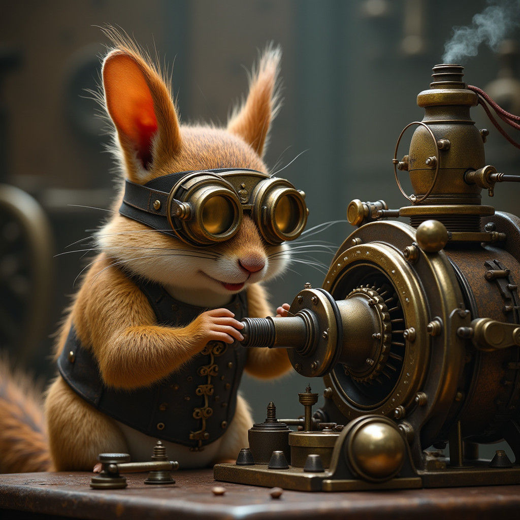 Steampunk Squirrel Tinkerer in Victorian-Style Workshop