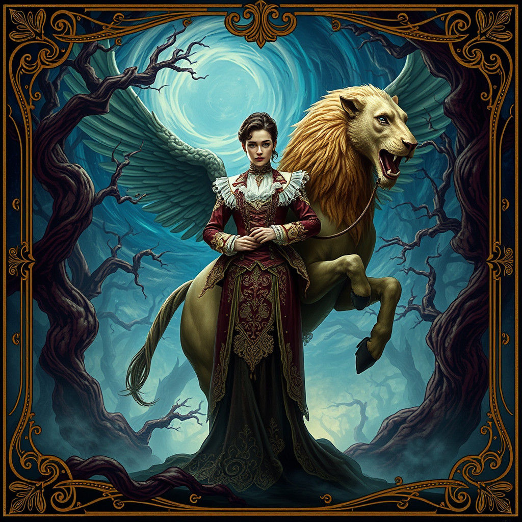 Victorian Hero Tames Surreal Beast in Dreamlike Forest