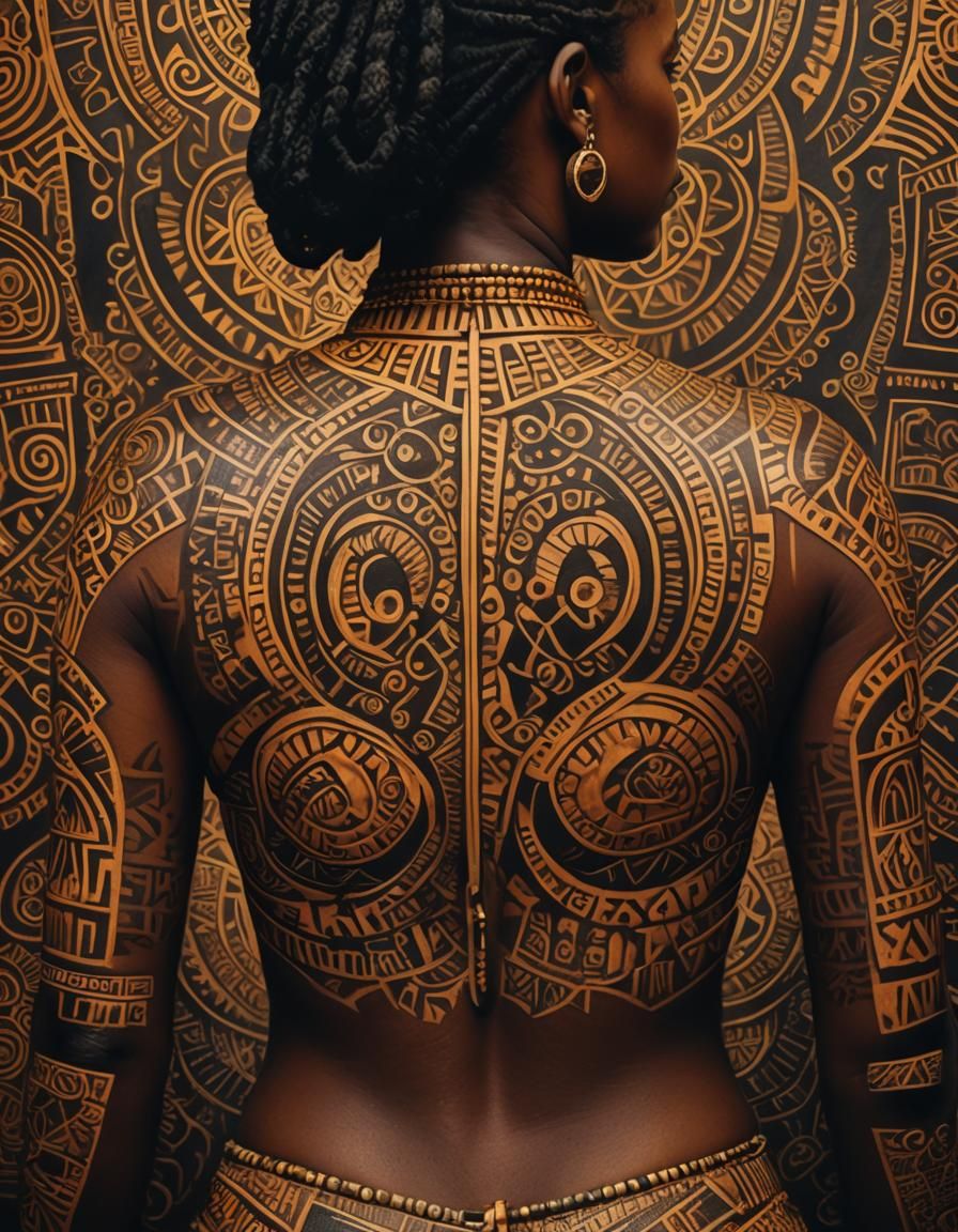 Vibrant Tribal Tattoo Art on Woman's Back