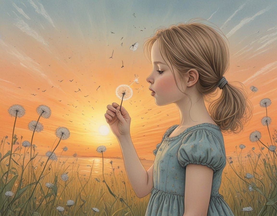 Whimsical Sunset Dandelion Wish in Vibrant Cartoon Style