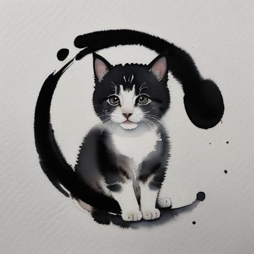 Watercolor Kitten with Flower in Ink Painting Style