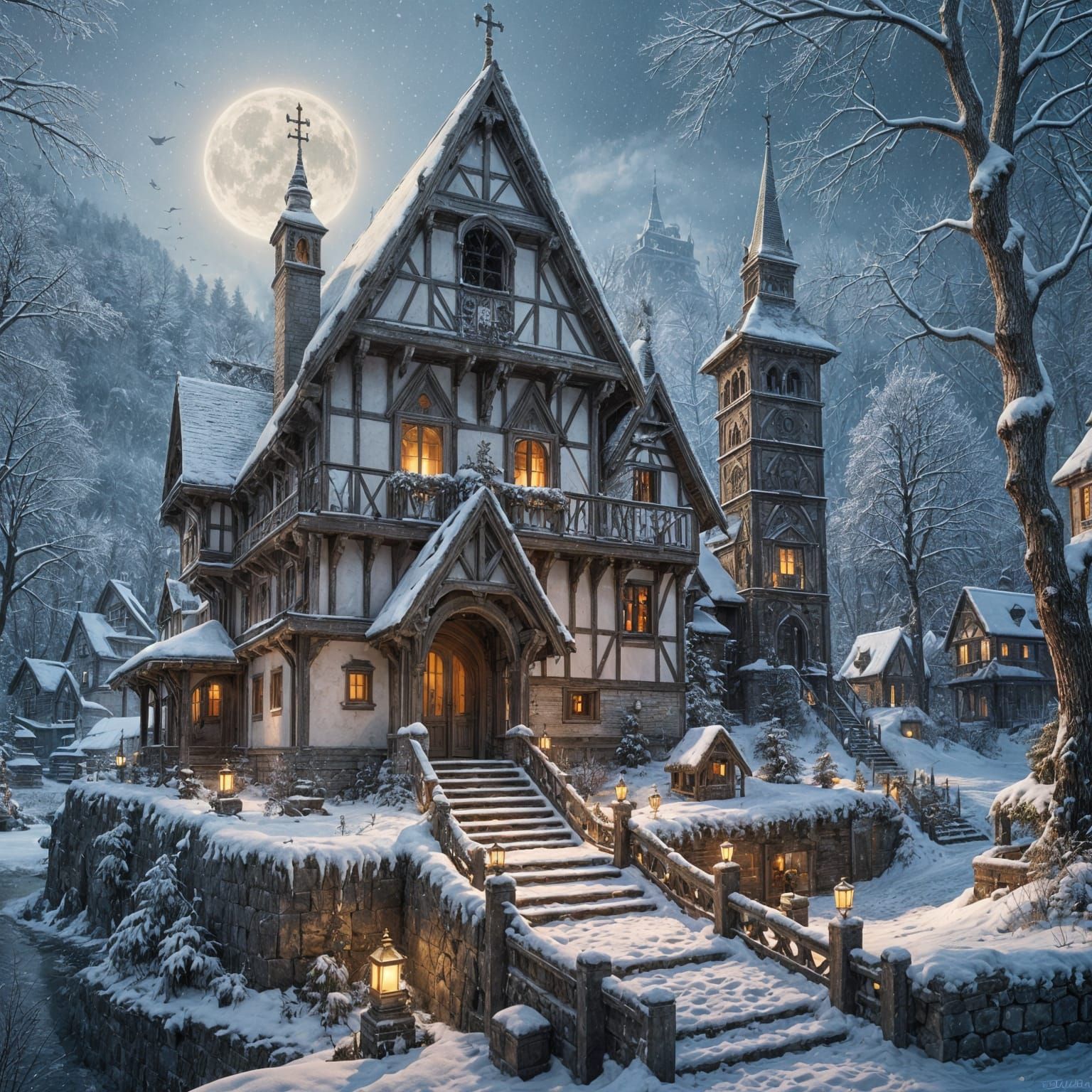 Ethereal Gothic Ruin Under Full Moonlight