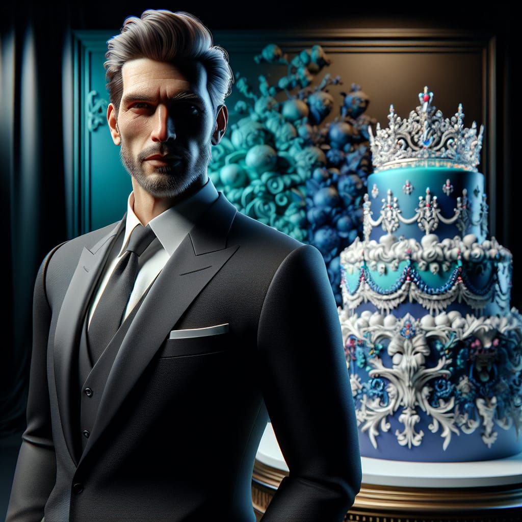 Man in Suit with Birthday Cake, Hyperrealistic Style