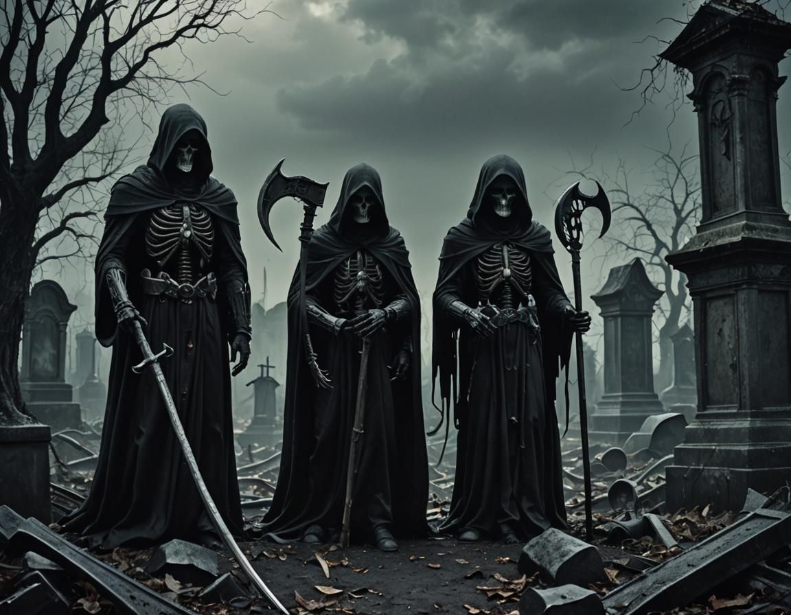 Eerie Graveyard Scene with Two Grim Reapers