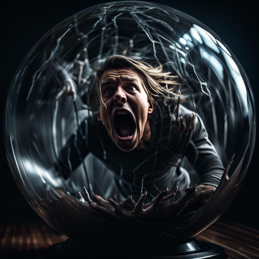 Person Trapped in Glass Sphere: Hyperrealistic Image