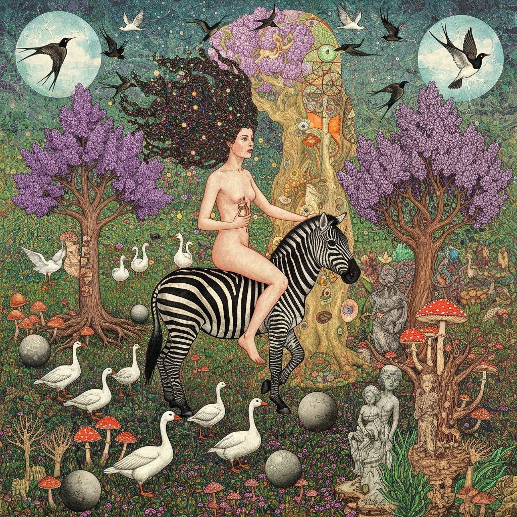 Goddess of Living World Riding Zebra in Surreal Garden