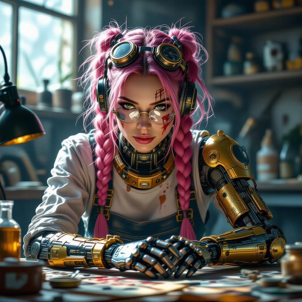 Artificer Woman Repairs Mechanism in Cyberpunk Dark Fantasy ...