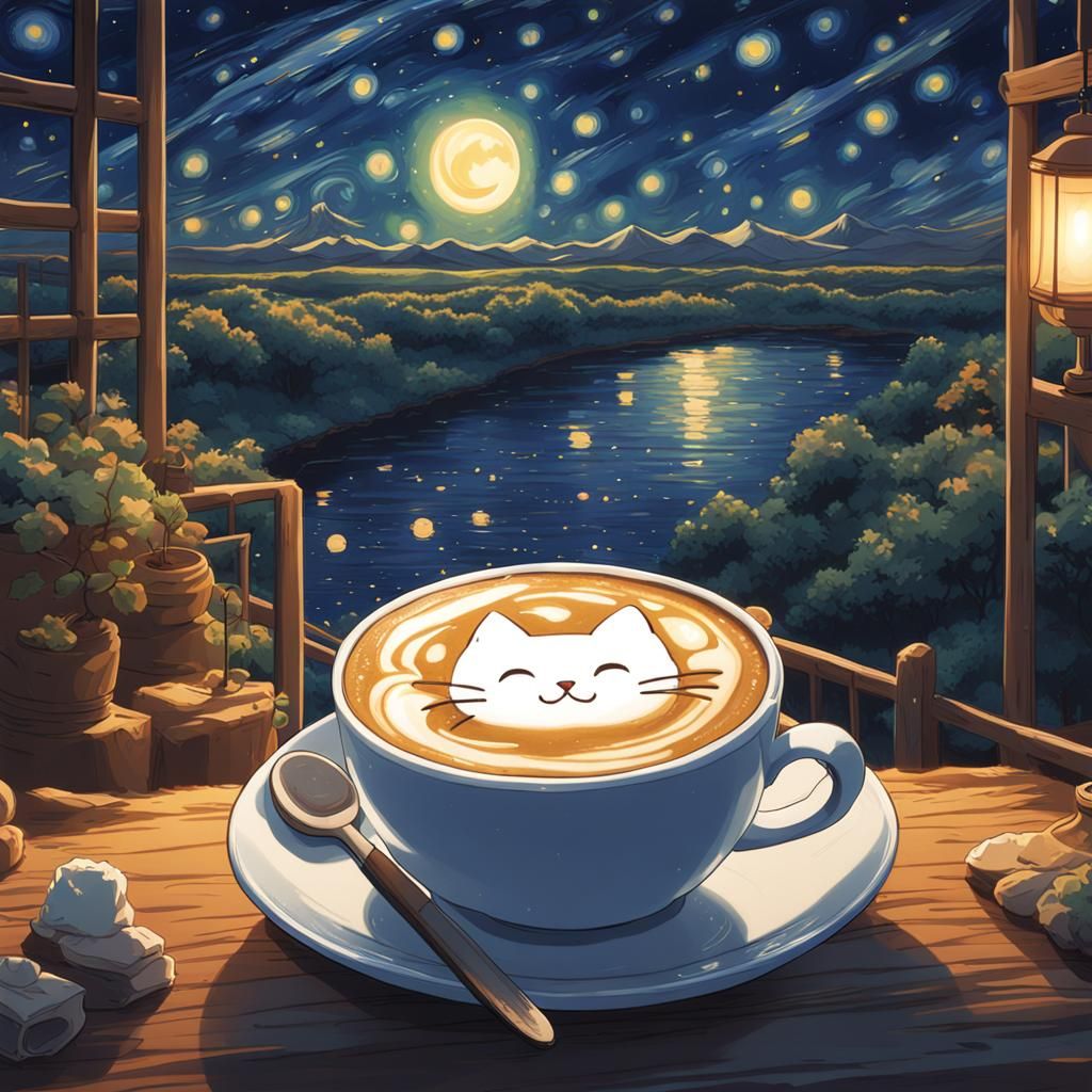 Latte Art Cat in Starry Night Style