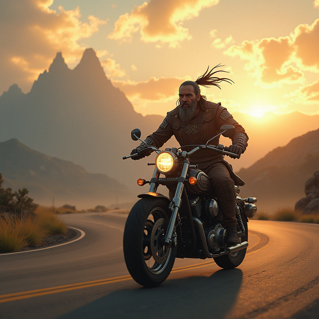 Motorcycle Rider at Sunset: Fantasy Concept Art