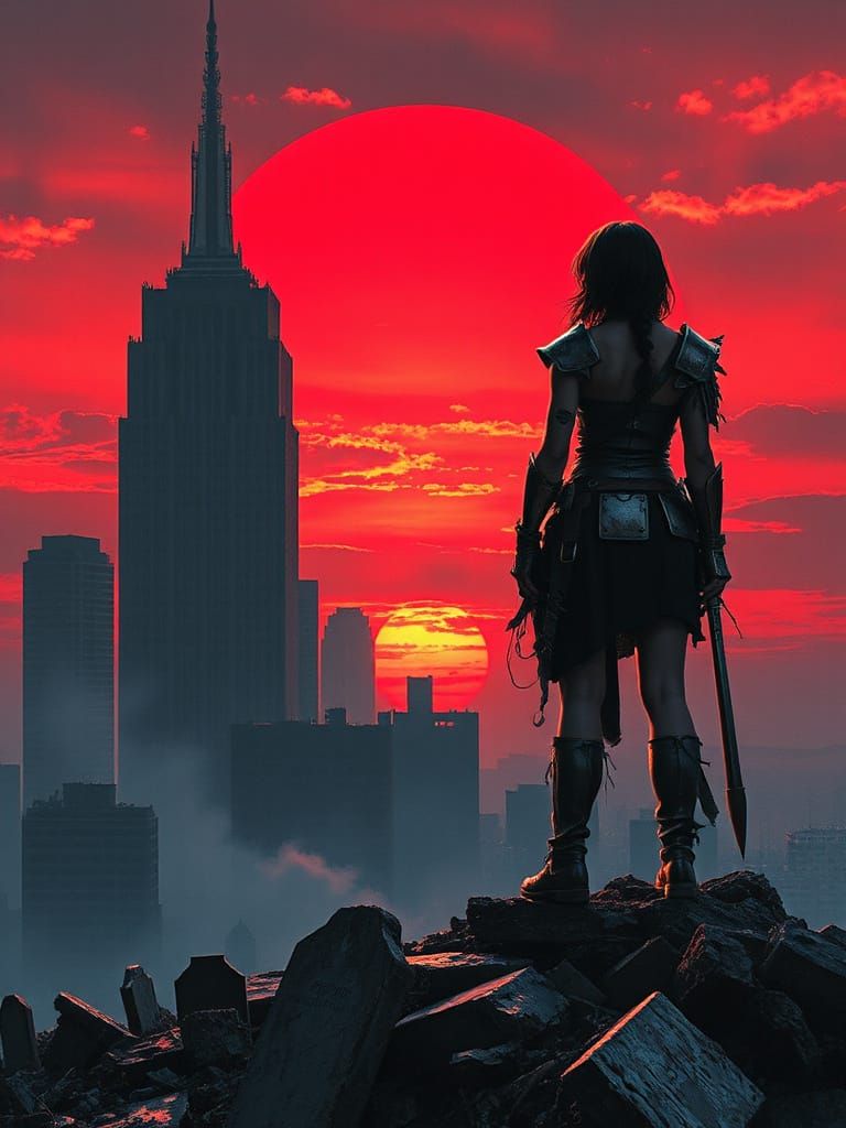 Warrior Emerges from Ruins in Cyberpunk-Inspired Sunset