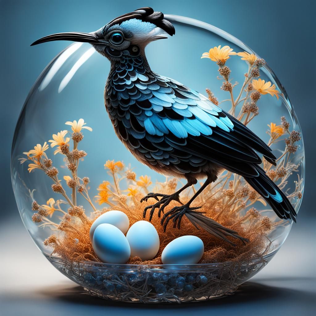 Crystal Hoopoe Sculpture with Bioluminescent Flowers