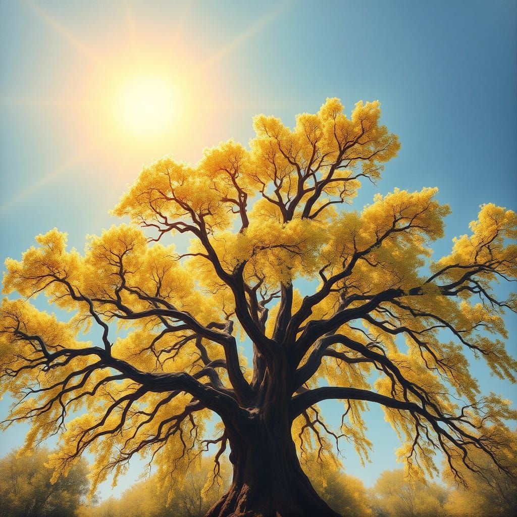 Majestic Tree Bathed in Sunlight in Dreamy Oil Painting Styl...