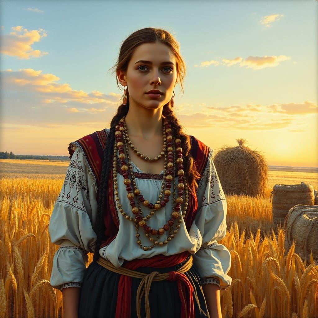 Peasant Woman in Golden Wheat Field at Sunset