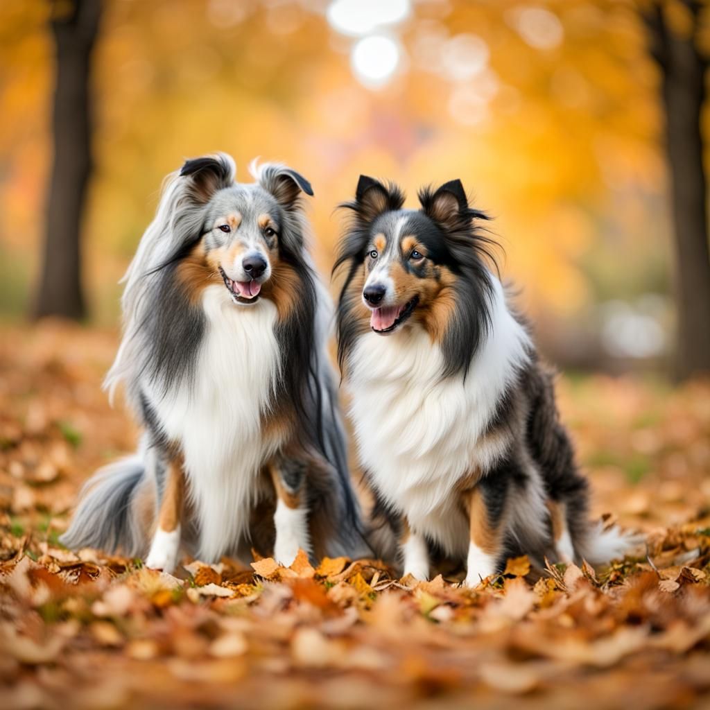 Shelties Wrestle in Autumn Leaves
