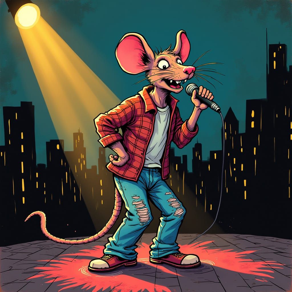 Rat Singer on Dimly Lit Stage in Lowbrow Art