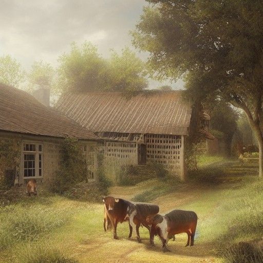 Detailed Farm with Animals Digital Painting