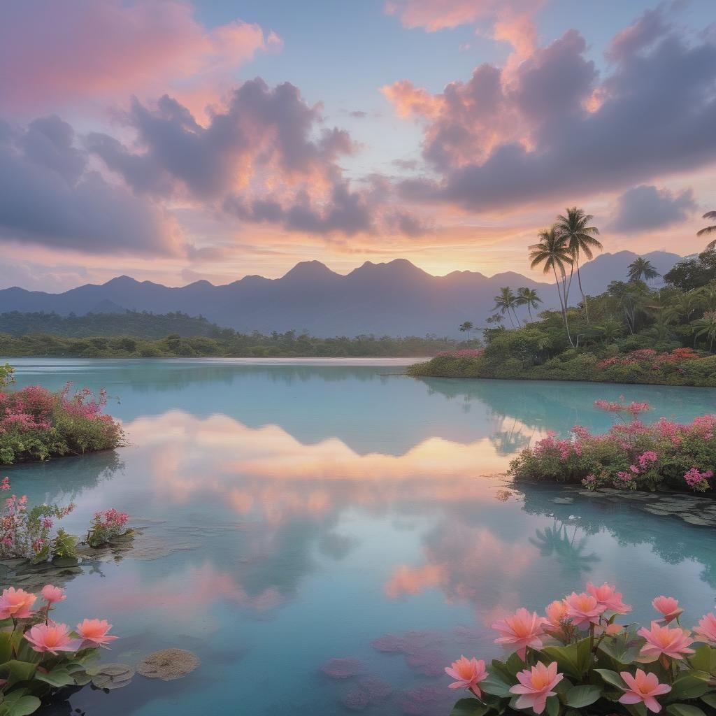 Tranquil Blue Lagoon at Sunrise: Fantasy Landscape