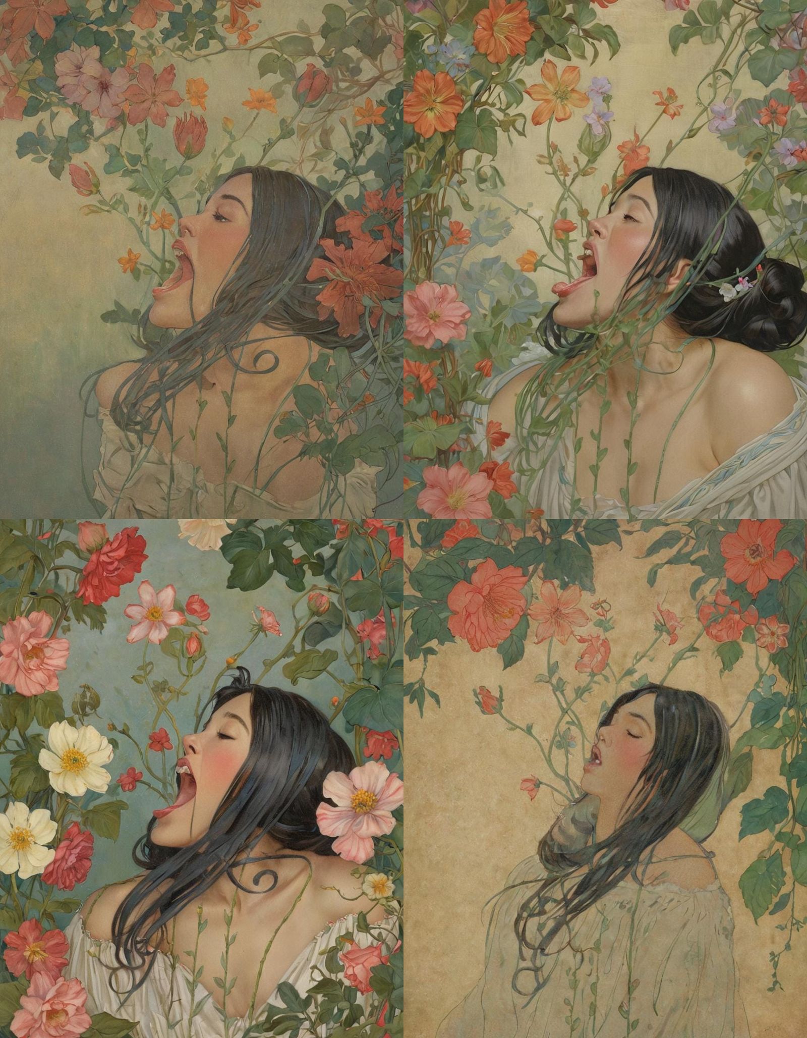 Woman Singing a Garden into Existence: Art Nouveau Portrait