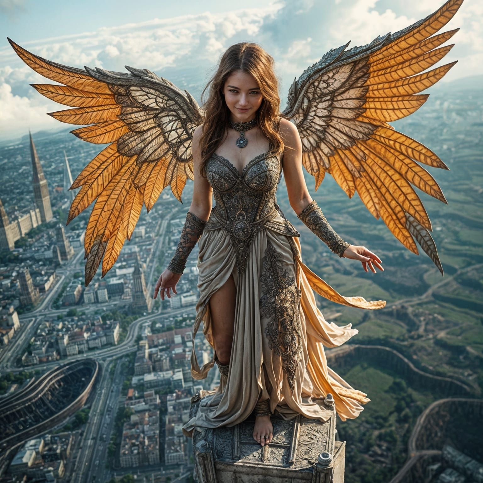 Beautiful Angel on High Tower Smiling