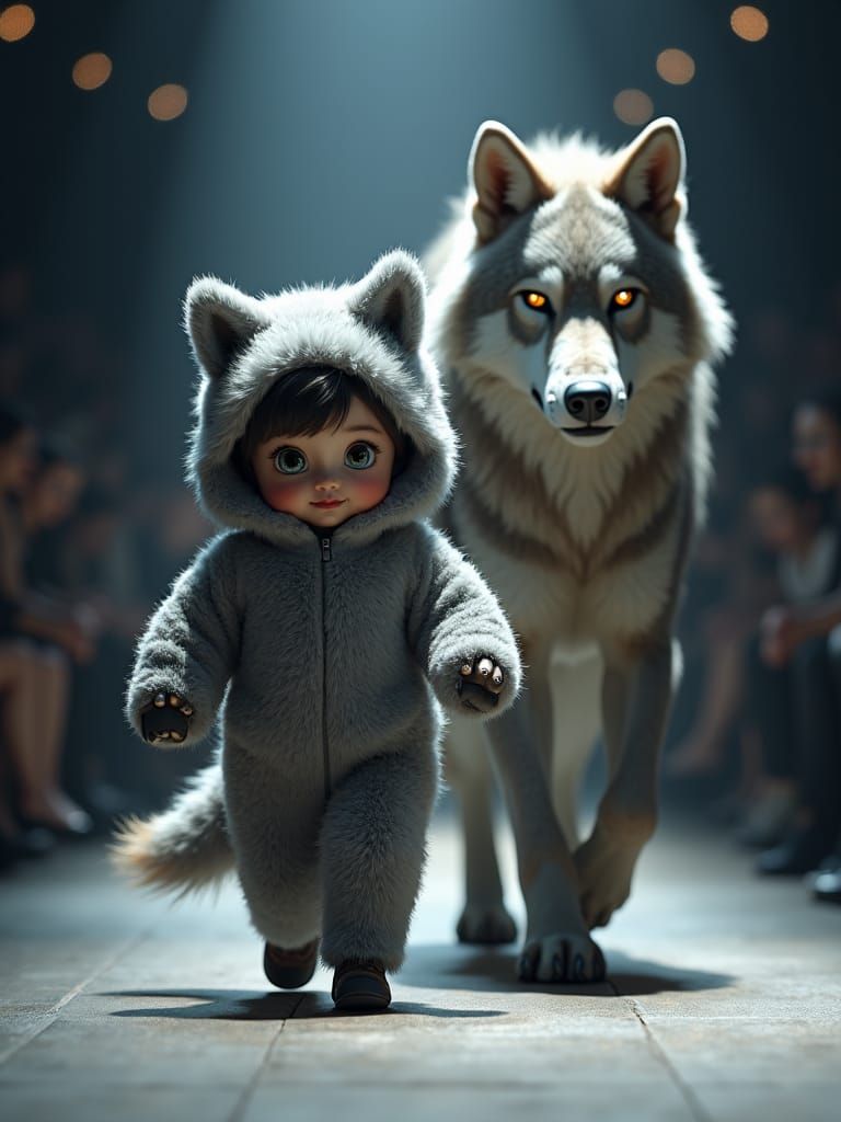 Girl in Wolf Costume on Catwalk, Unreal Engine 5