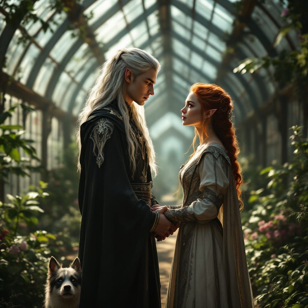 Elf Couple Mourning in Glass Palace Greenhouse