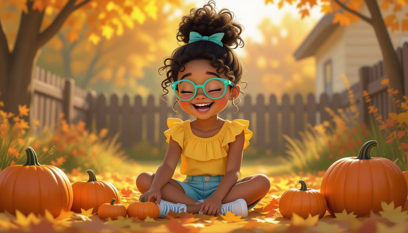 African American Girl Arranges Pumpkins in Autumn Backyard