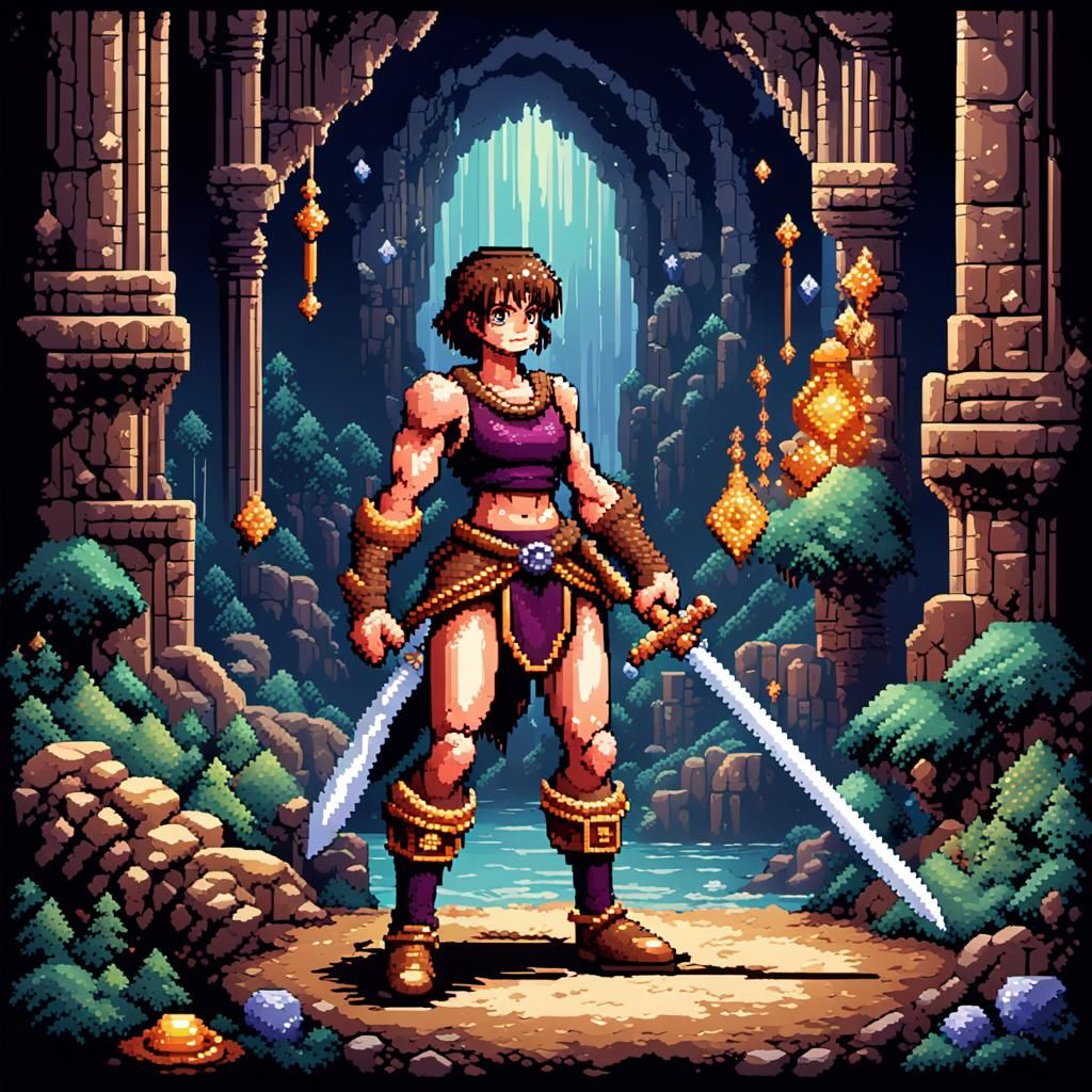 16-bit Pixel Art: Fantasy Woman Warrior in Cavern