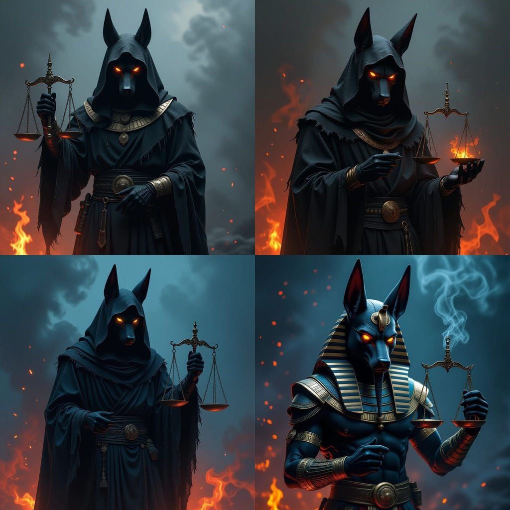 Photorealistic Anubis with Glowing Eyes Holding Scale