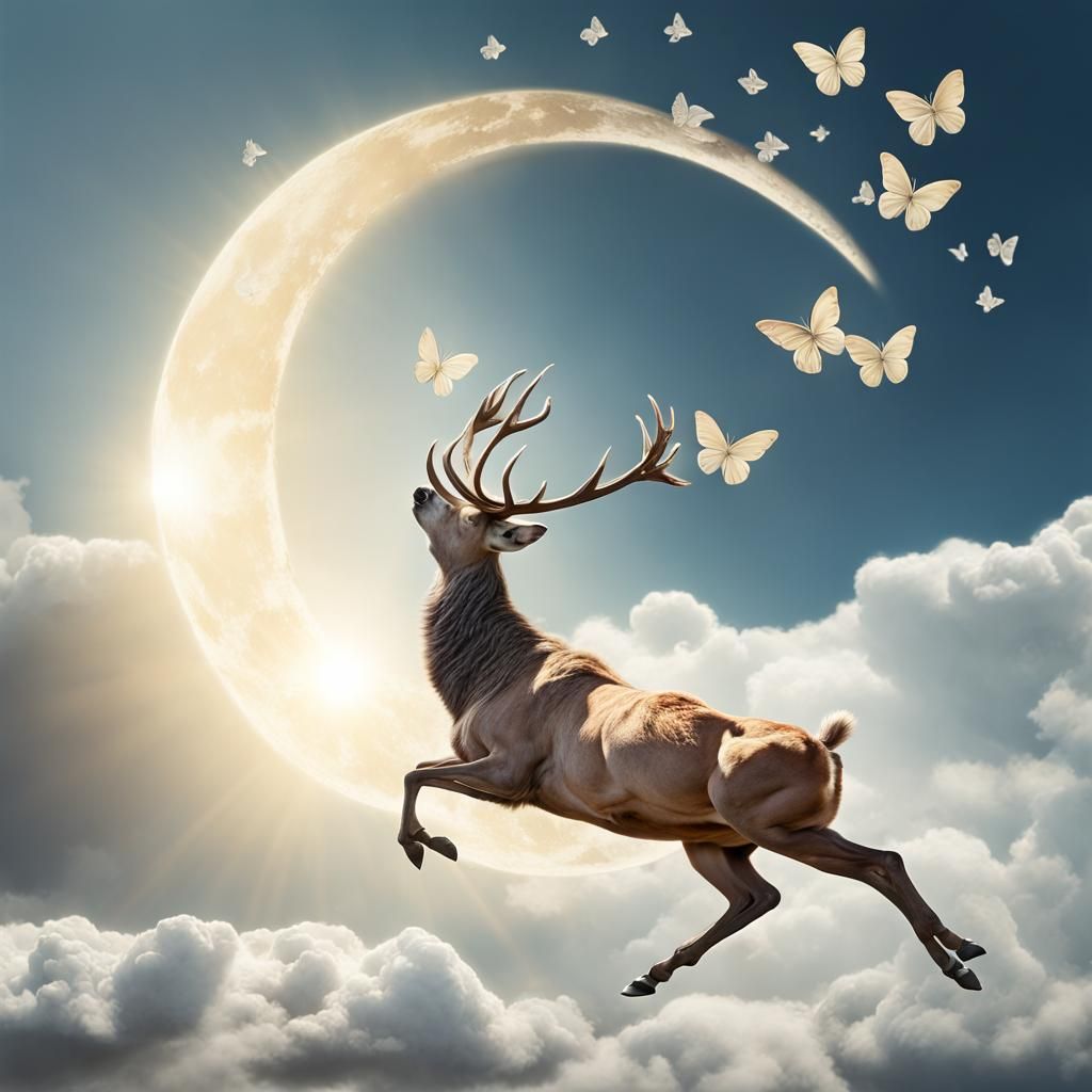Stag Leaps Over Moon with Silver Butterflies