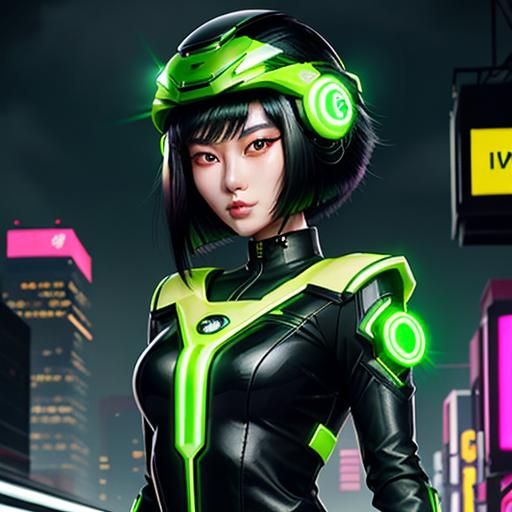 A young Asian girl with short, wind-swept black hair and bri...