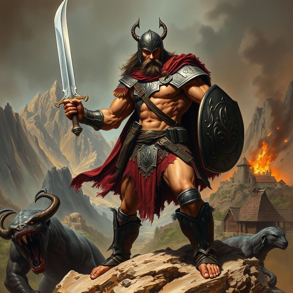 Fearsome Armored Warrior in a Fantasy Landscape