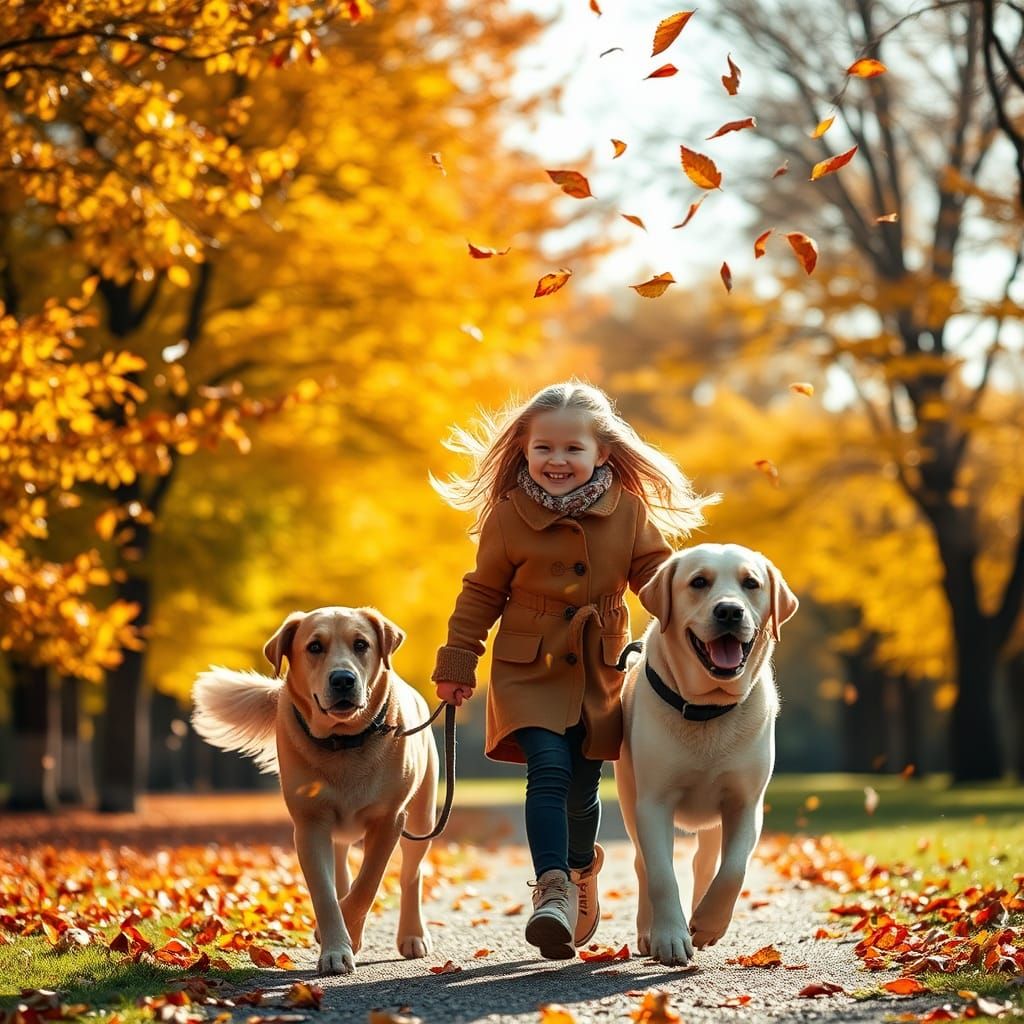 Girl and Labrador Enjoy Autumn Wind in Park