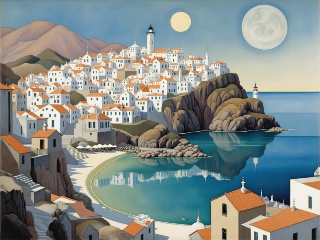 Santorini Greek Coastal Townscape in Whimsical Flux Style