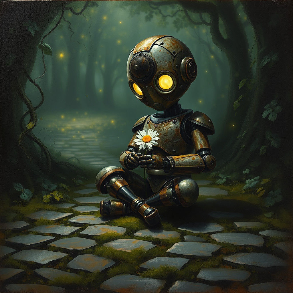 Steampunk Robot in Elegiac Oil Painting