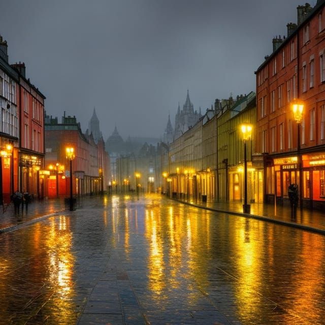 Rainy Dublin Street Scene in Impressionist Style