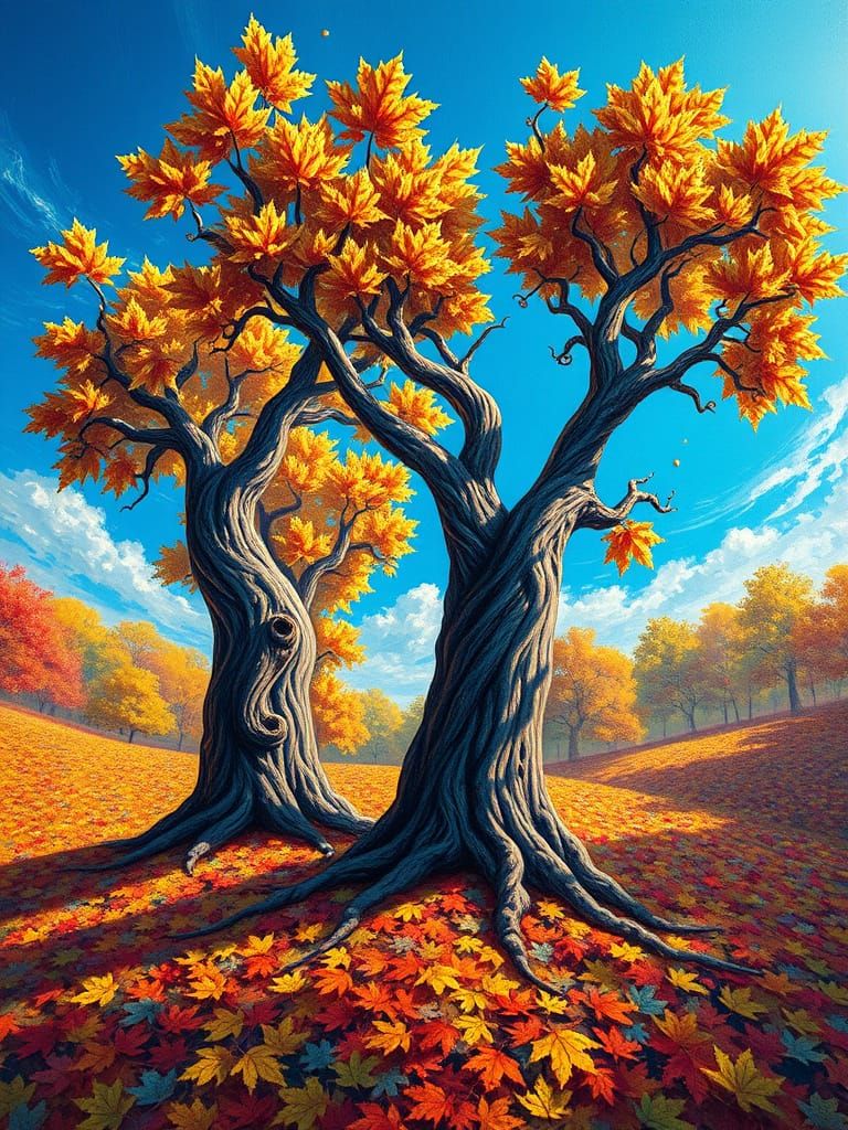 Gnarled Maple Trees Rise from a Tapestry of Colorful Leaves