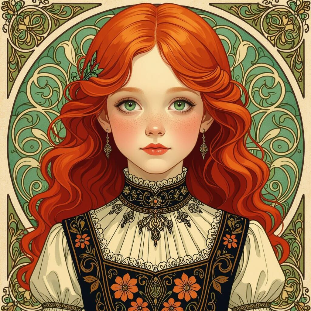 Art Nouveau Girl with Red Hair and Green Eyes