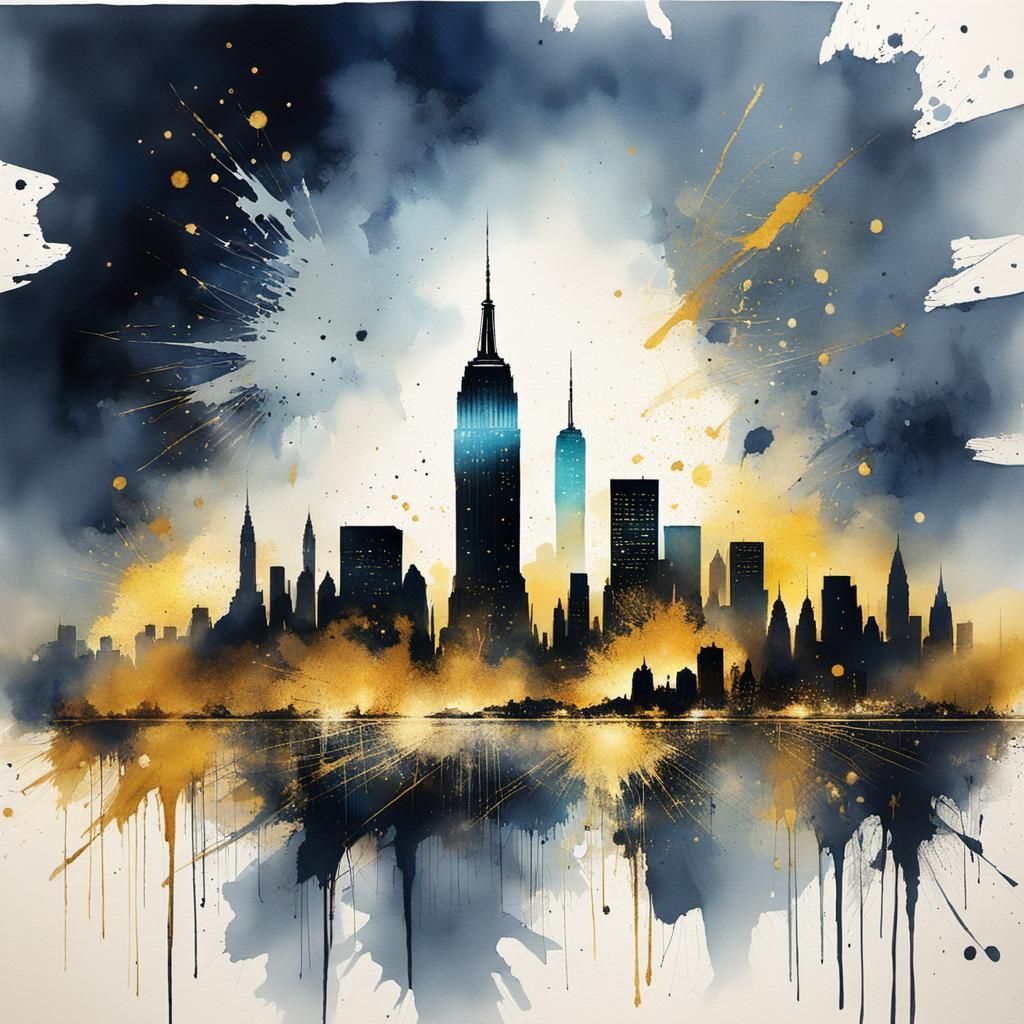 Golden New York Skyline Silhouette in Watercolor Style