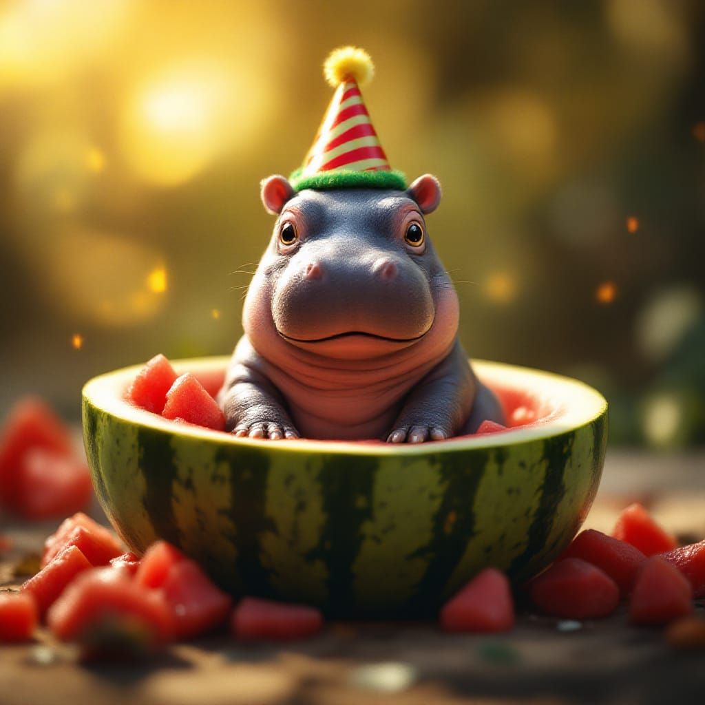 Baby Hippo Celebrates in Watermelon, Cinematic Style