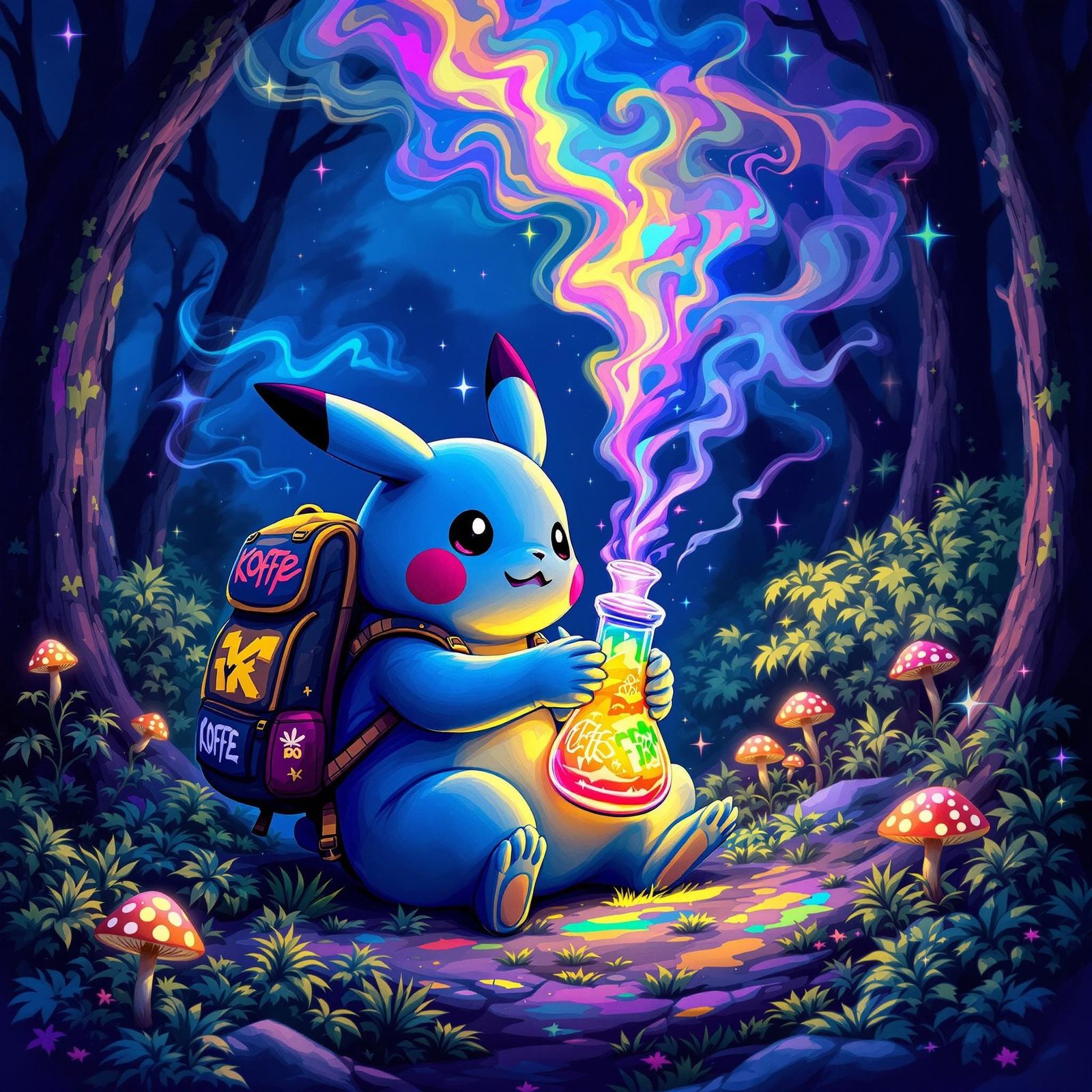 Vibrant Blue Pikachu in Mystical Forest at Night, Smoking Ko...
