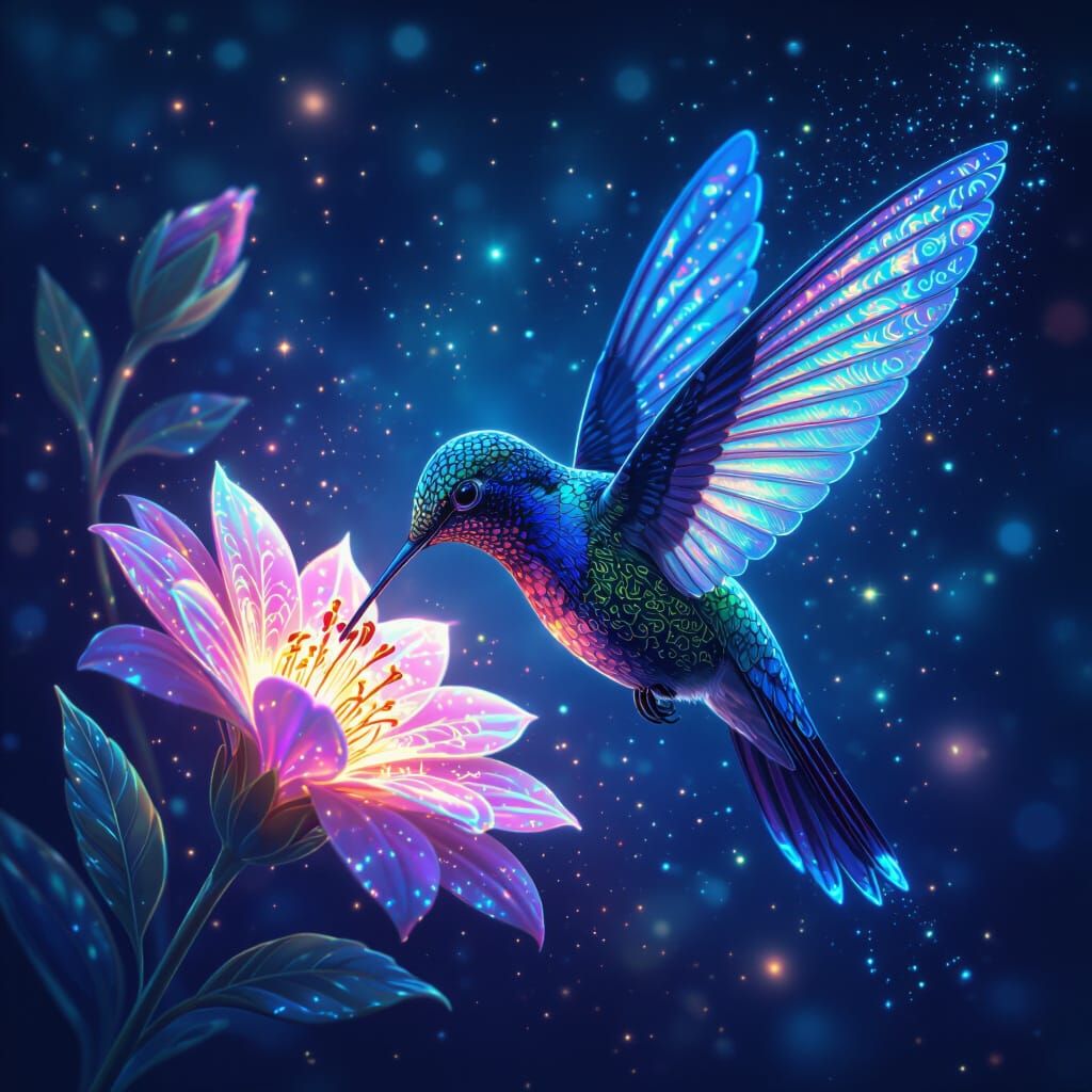 Bioluminescent Hummingbird Sipping Nectar in Nebula