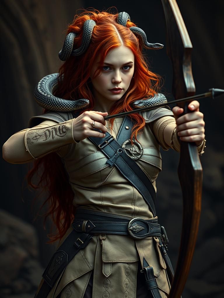 Imposing Red-Haired Woman with Snakes and Bow