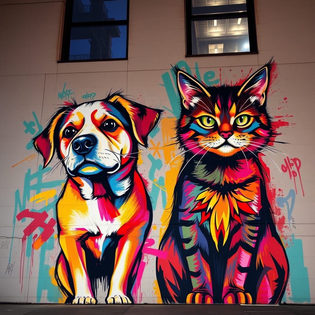 Vibrant Street Art: Feline and Canine Friends Unite on Neon ...