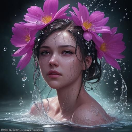 Flower with Water Droplets in Splash Art Style